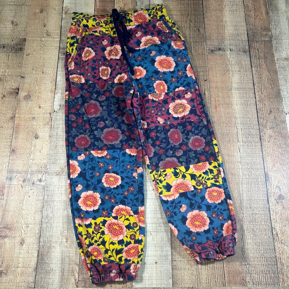 Saturday Sunday Anthropologie Floral Patchwork Joggers M Boho Lounge Zip Pockets